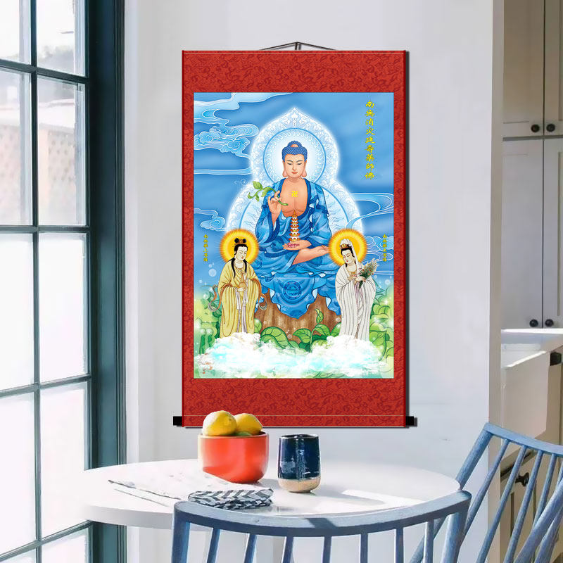 速发南无药师如来佛药王药上菩萨 三圣佛像卷轴挂画 丝绸材质防水