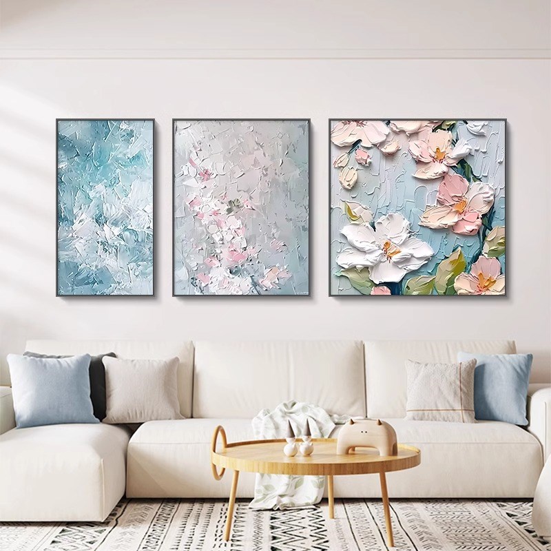 速发奶油风客厅装饰画肌理立体感抽象艺术花卉三联挂画沙发背景墙图片