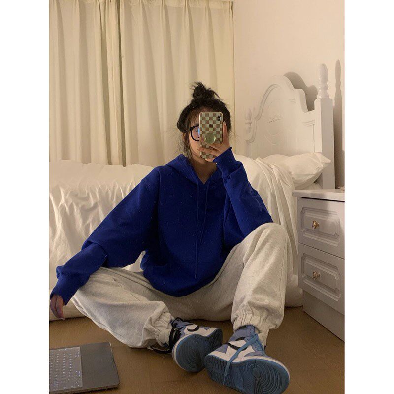 速发欧式蓝色卫衣加绒宽松慵懒风oversize炸街外套大码情侣装