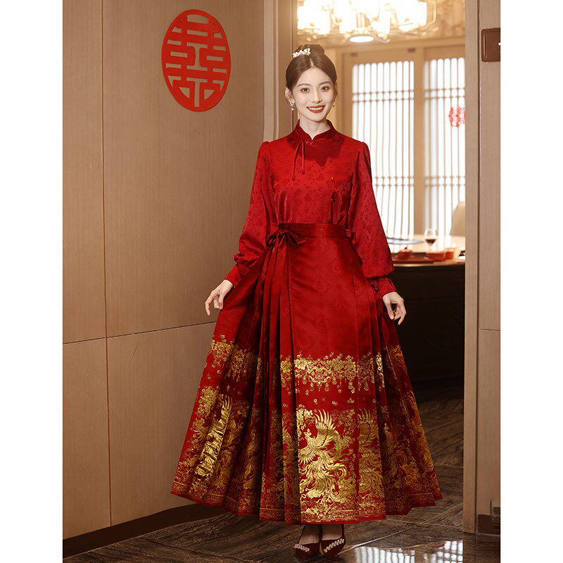 速发马面裙婚服套装订婚服嫁衣敬酒服新娘中式旗袍酒红色上衣结婚