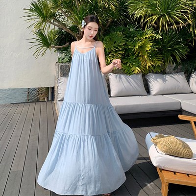 速发海边度假超大裙摆吊带长裙露背气质连衣裙2024新款慵懒风宽松