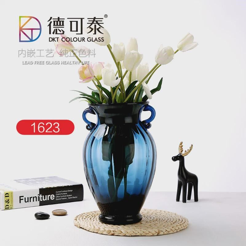 速发欧式创意蓝色双耳玻璃花瓶透明客厅电视柜插花摆件装饰品时尚