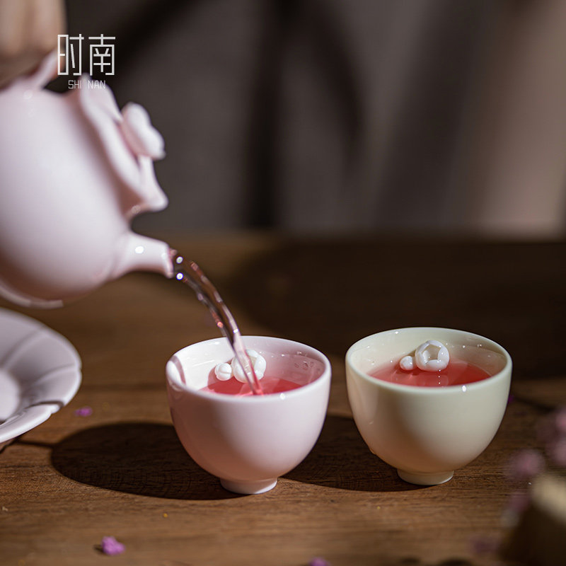 速发粉泥茶杯陶瓷手工粉色品茗杯捏花主人杯士夫人玉泥功夫茶具单