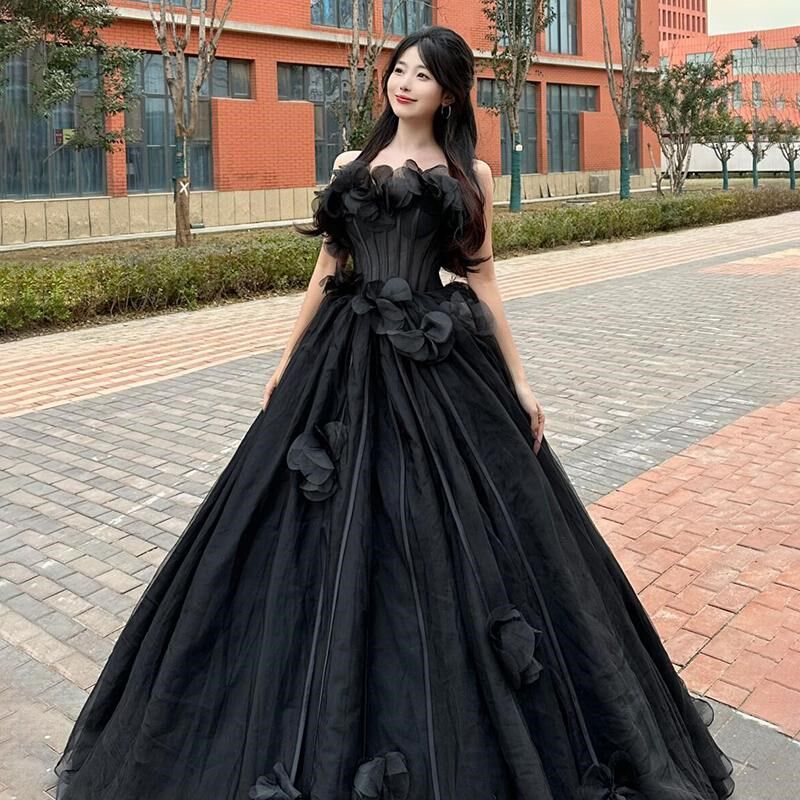 速发黑色成人礼晚礼服主持人毕业演出服艺考音乐抹胸生日公主裙蓬
