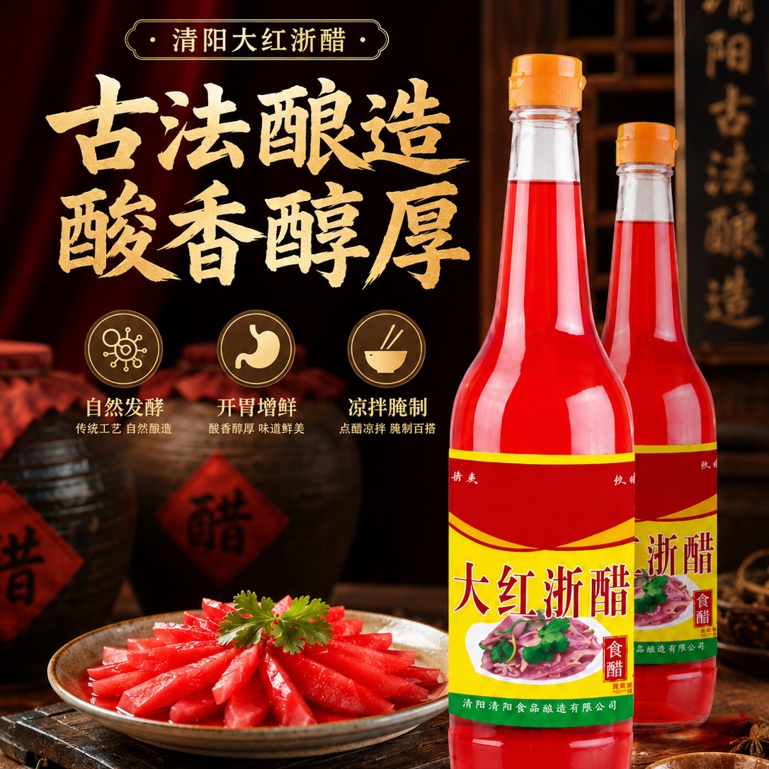 正宗酿造大红浙醋家用商用泡胭脂萝卜泡菜蘸虾蟹烤鸭上色红醋瓶装