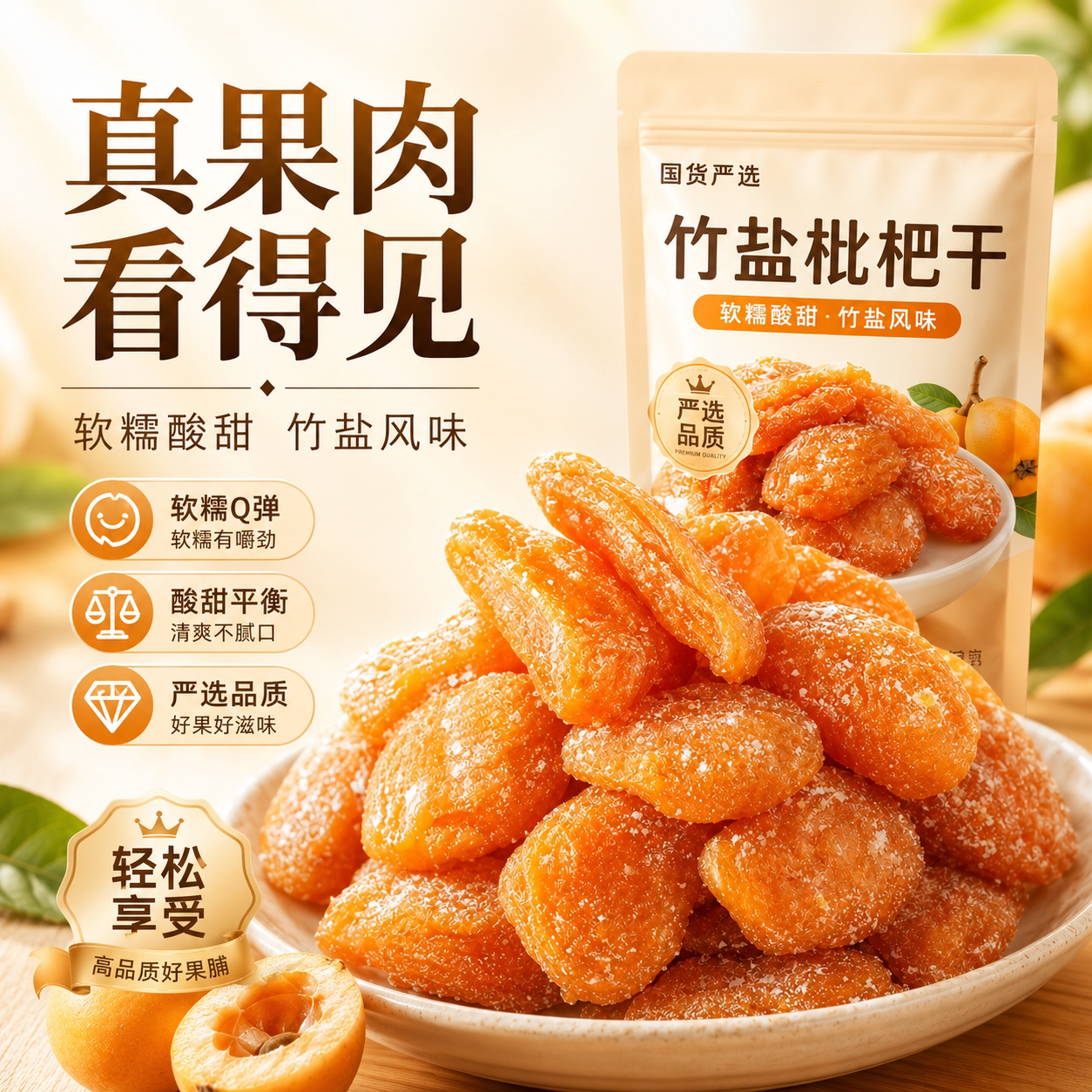 竹盐枇杷干原味酸甜原味水果干化痰无核无糖清润止咳润肺果干蜜饯