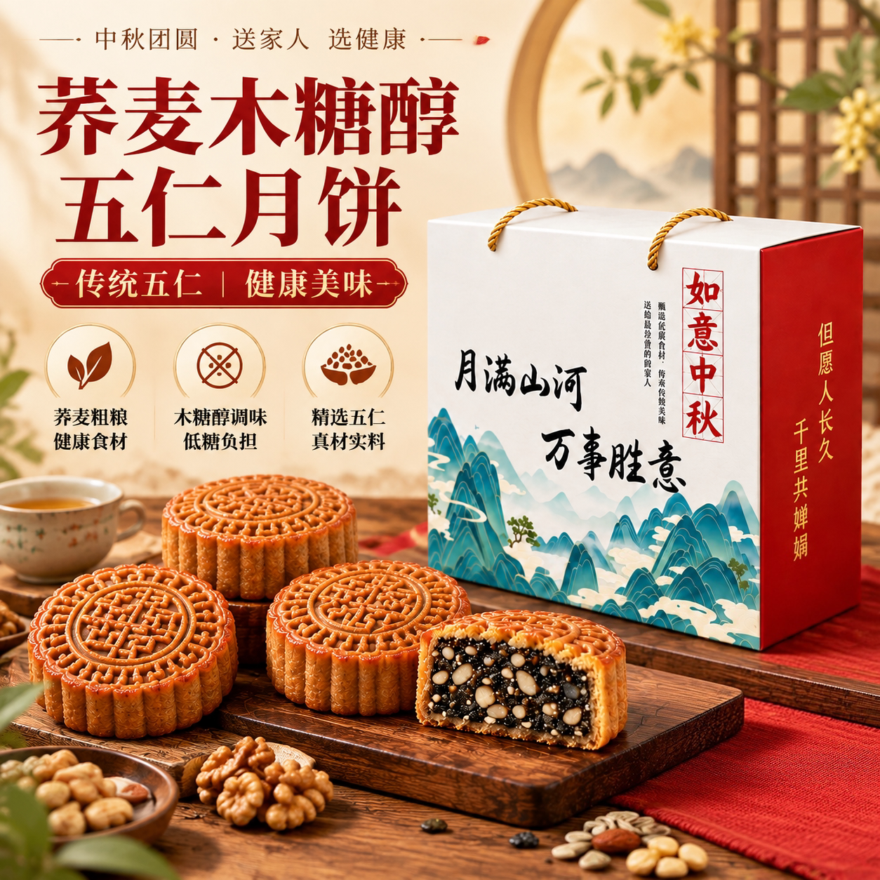 无蔗糖荞麦月饼木糖醇五仁中秋节图片