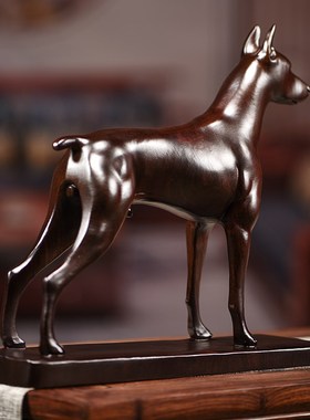 黑檀木雕摆件杜h宾犬摆件办公家居实木雕狗摆件玄关客厅家居装饰