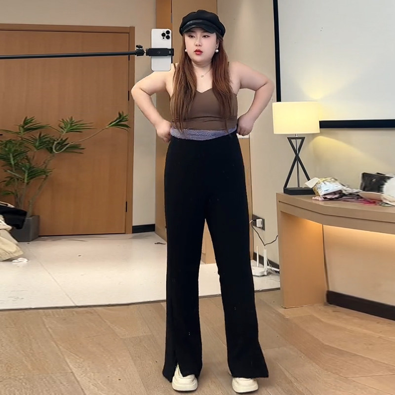 大码休闲裤喇叭裤开叉阔腿裤女春秋季胖mm显瘦分叉西装裤黑色裤子