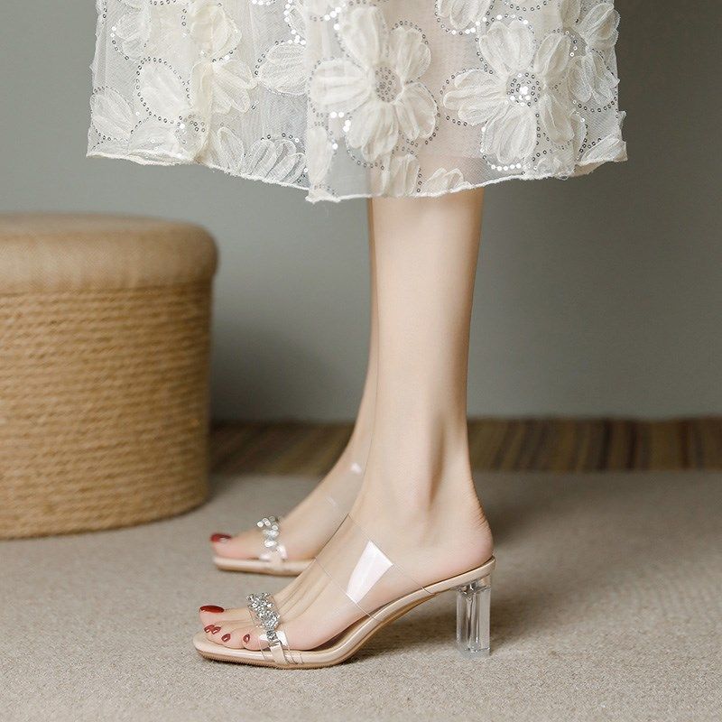 速发拖鞋跟字穿水钻露趾透明一外凉拖水晶粗夏高跟鞋百搭配裙子凉,女鞋,一字拖,淘宝优惠券,粉丝福利购,淘宝优惠卷