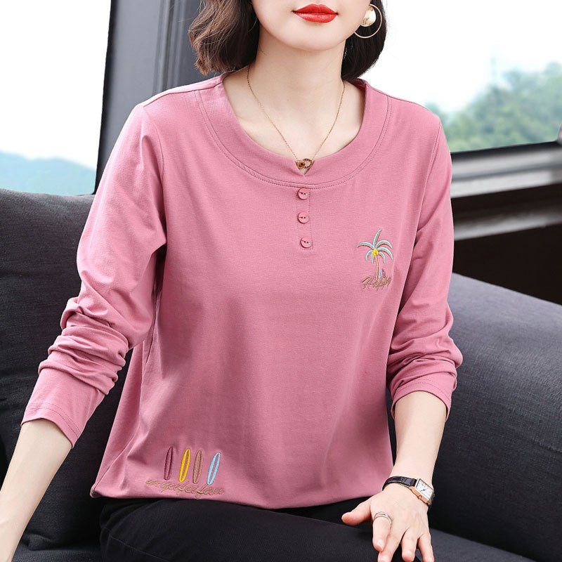 速发妈妈长袖t恤 新款小024春装洋气纯棉打松2衫中老年宽底减龄上