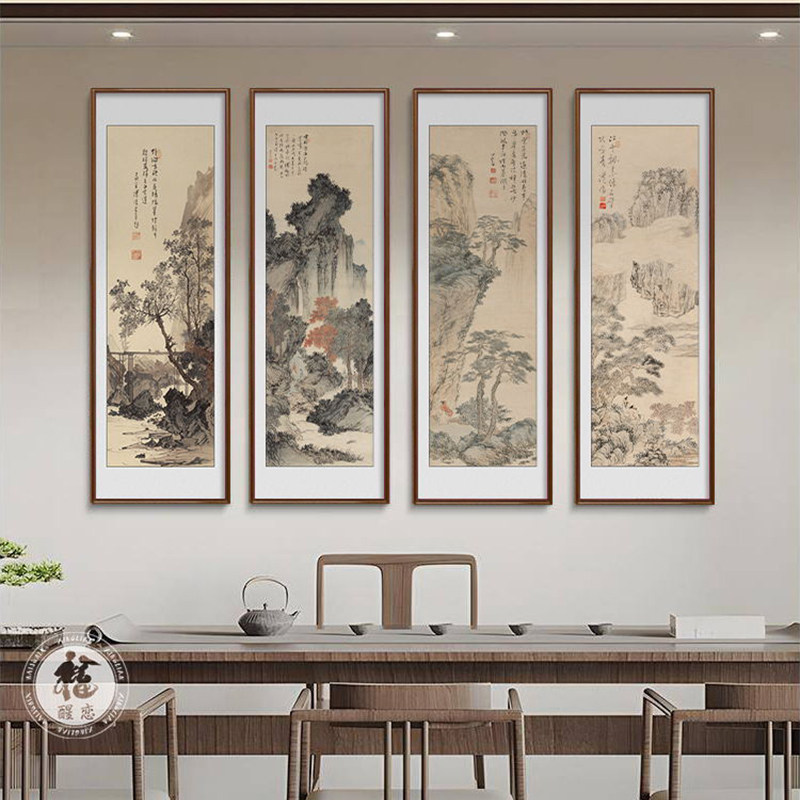 速发四条屏国发山水画中堂客厅中画挂式沙画背景墙装饰画书房茶室