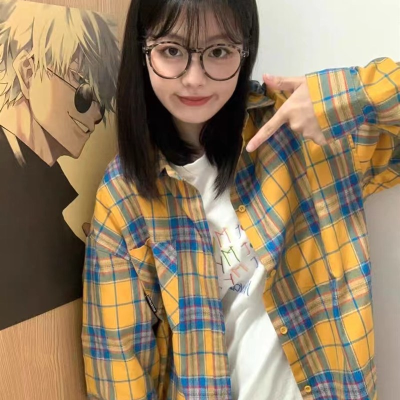 速发黄色格子外套秋冬美款大码衣妹妹新式上衣复古叠穿衬胖长袖