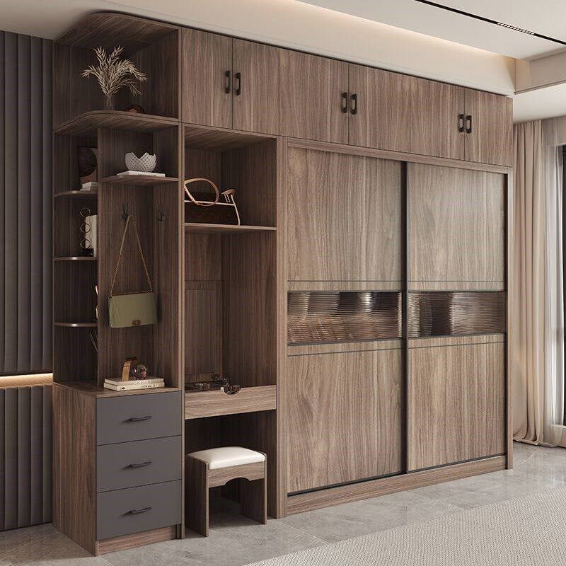 速发北欧推拉门胡桃色衣柜现代简约木质卧室家用经济小户型移动门