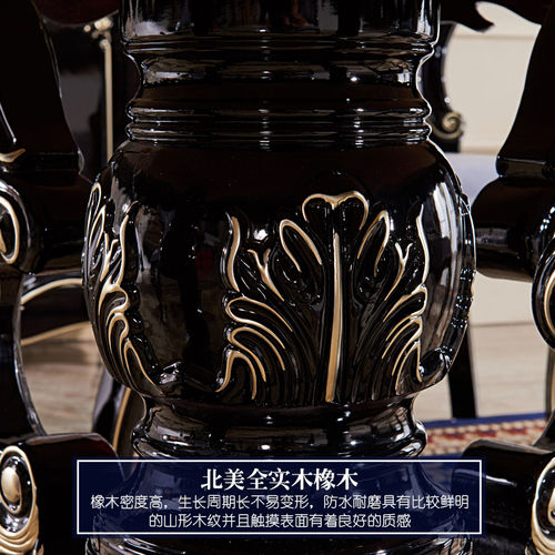 速发欧式餐桌 美式全实木雕花大理石圆桌新古典黑檀色家用饭桌餐