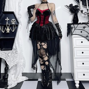 速发音乐节哥特装 黑a打歌服套红xde演出服束腰背心拖尾半身裙