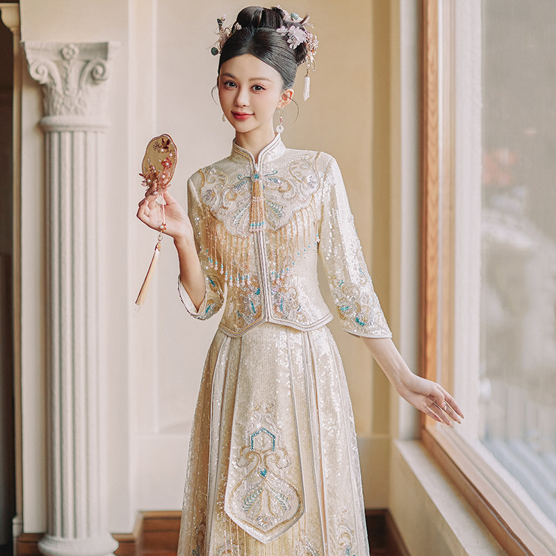 热销香槟金色秀禾服2024新款高级新娘中式婚纱礼服重工奢华敬酒出
