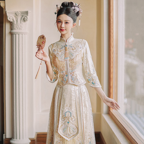 热销香槟金色秀禾服2024新款高级新娘中式婚纱礼服重工奢华敬酒出