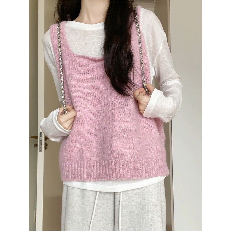 速发大码学系甜美叠穿针马织甲背心2024春装韩院风外搭短款上衣,女装/女士精品,大码内搭,淘宝优惠券,粉丝福利购,淘宝优惠卷