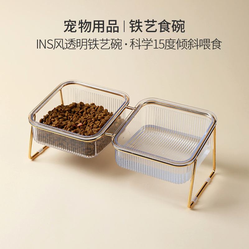 猫碗透明高脚猫咪碗斜口护颈椎喝水猫粮食盆狗宠物易清洗铁艺双碗