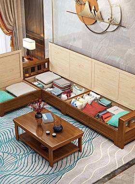 新中式型客厅小简约实木40782沙发家具贵妃木加储物户高箱沙发布