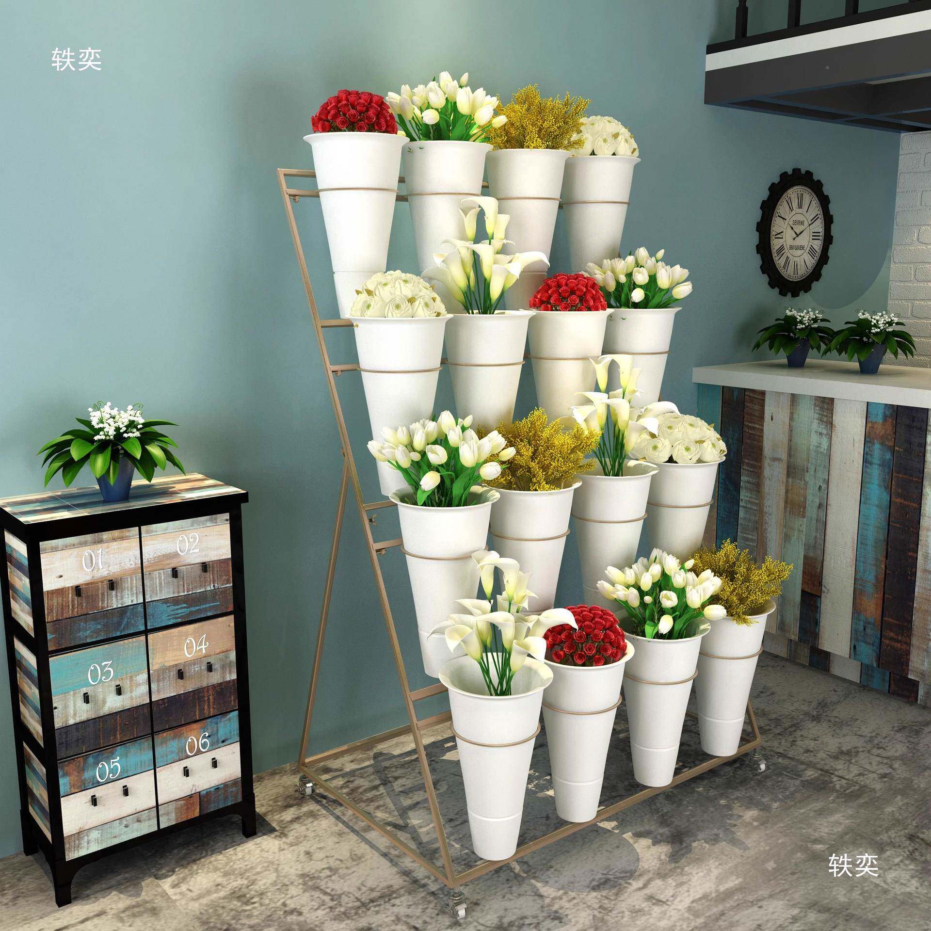 轻奢鲜花店展艺示带架架铁多层花架轮可移032动摆摊养花醒花桶子