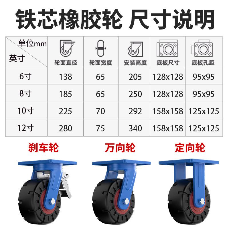 超重型载UDW重21吨脚轮万车向轮6/8/10/1寸铁芯橡轮拖平板胶推车