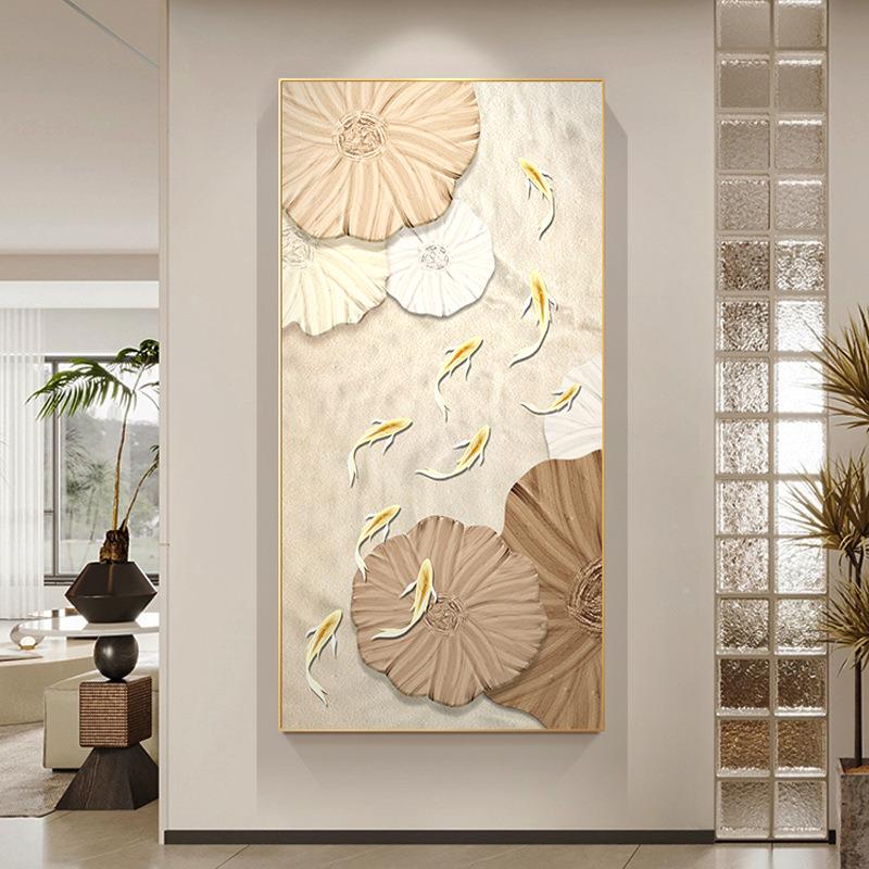 油风玄关装饰画111九鱼荷奶花九鱼图轻走正廊过道挂画奢高档入户