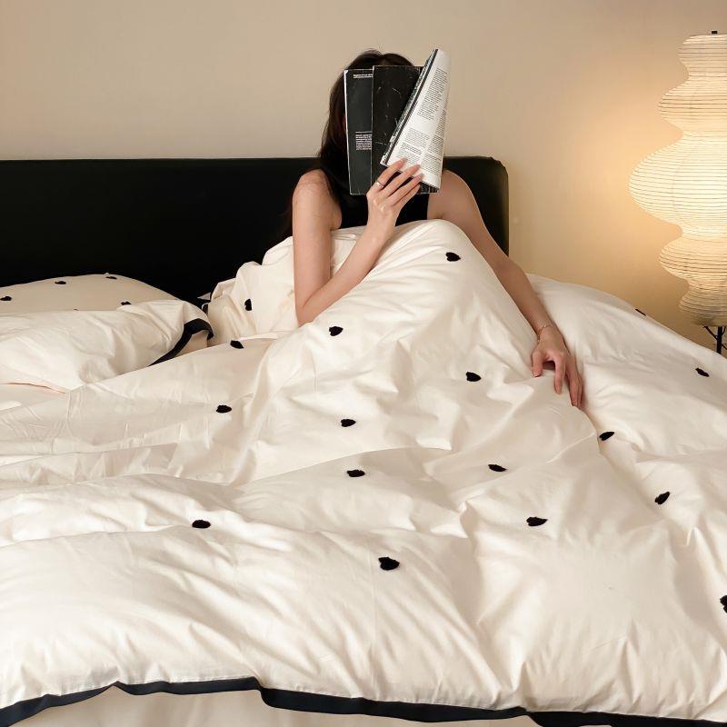 人棉水洗棉四件套刺绣毛套巾绣爱心床上用BEH品白色单全棉三纯件