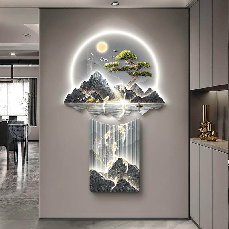 鱼图客户门玄关装饰DRB画轻奢九厅走廊尽头挂画中入式正对墙发光