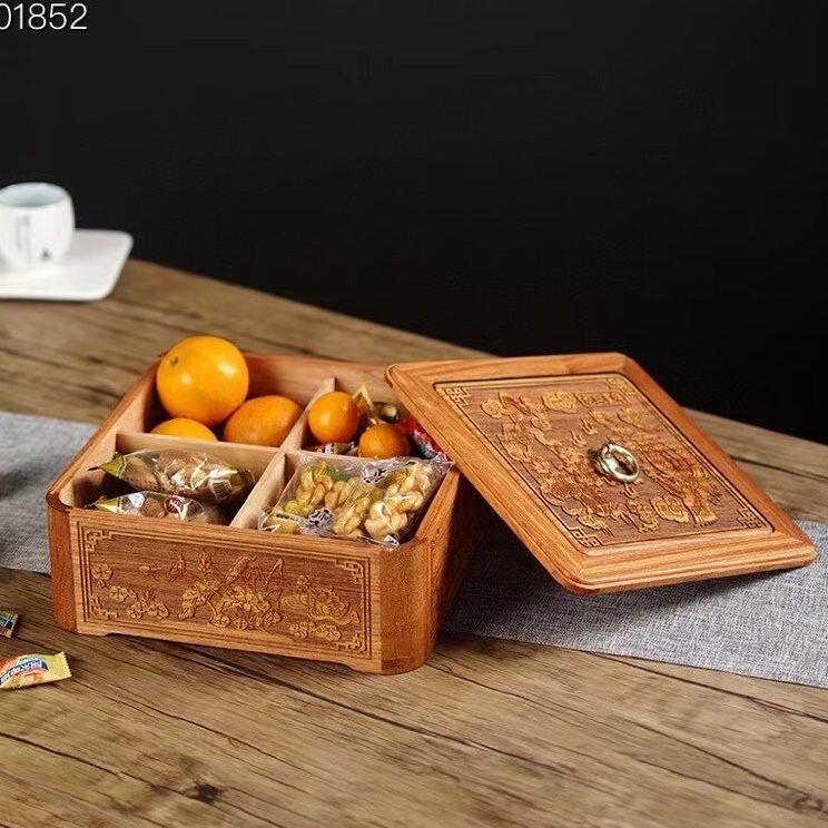 直播货源甸花梨缅雕花龙呈凤祥果干盘0170果盒