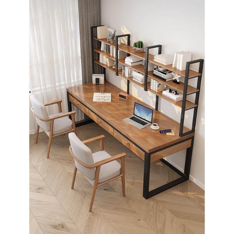 VWF实木双人书桌书架抽l屉一体桌用学习写字桌of带t长条办家公电