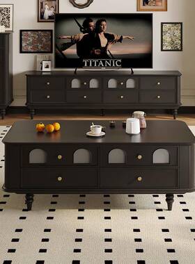 轻式法复古拱门柜黑色32K01实木玻电璃视茶几美式轻奢小户型客厅