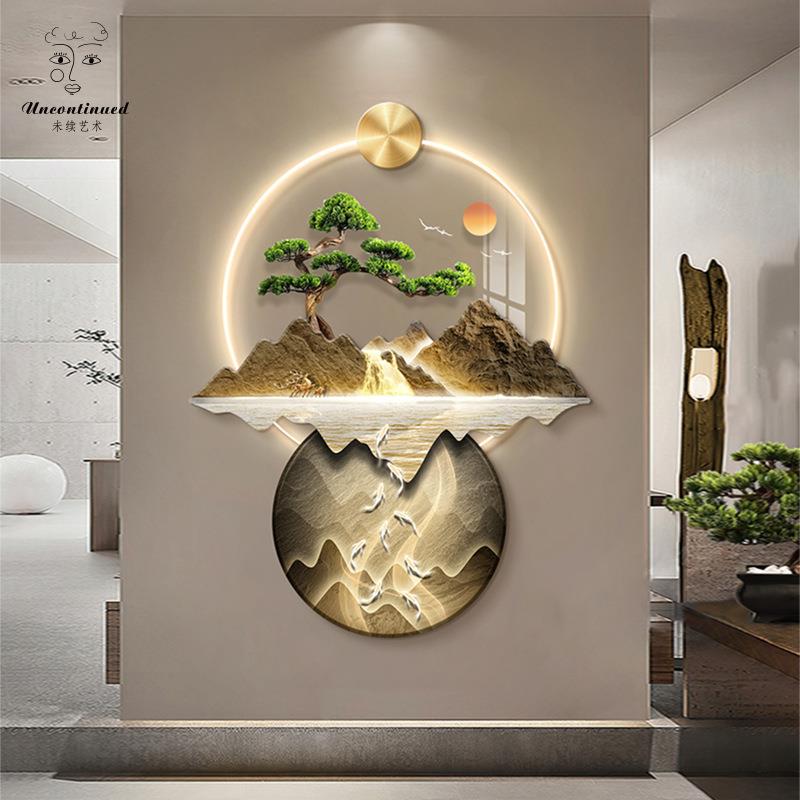 中式迎客松玄关装山BRX饰画九鱼图新过入户走廊道led壁灯挂画水壁