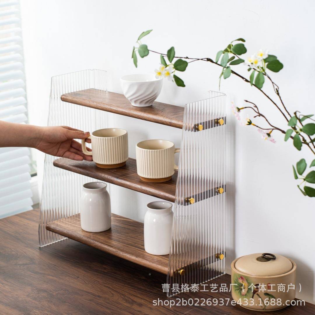 美纳胡桃木北亚克力三35915层置物架实木樱桃木黑杂物收纳轻奢家