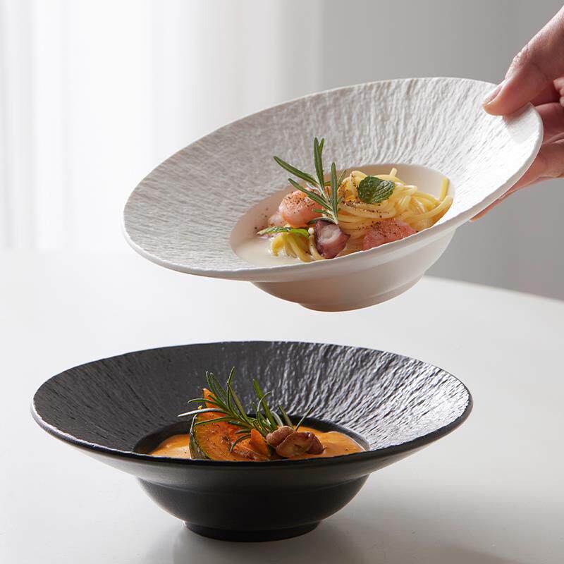 黑白陶盘瓷盘子菜盘42914家盘用感草帽盘西餐餐面甜品意盘