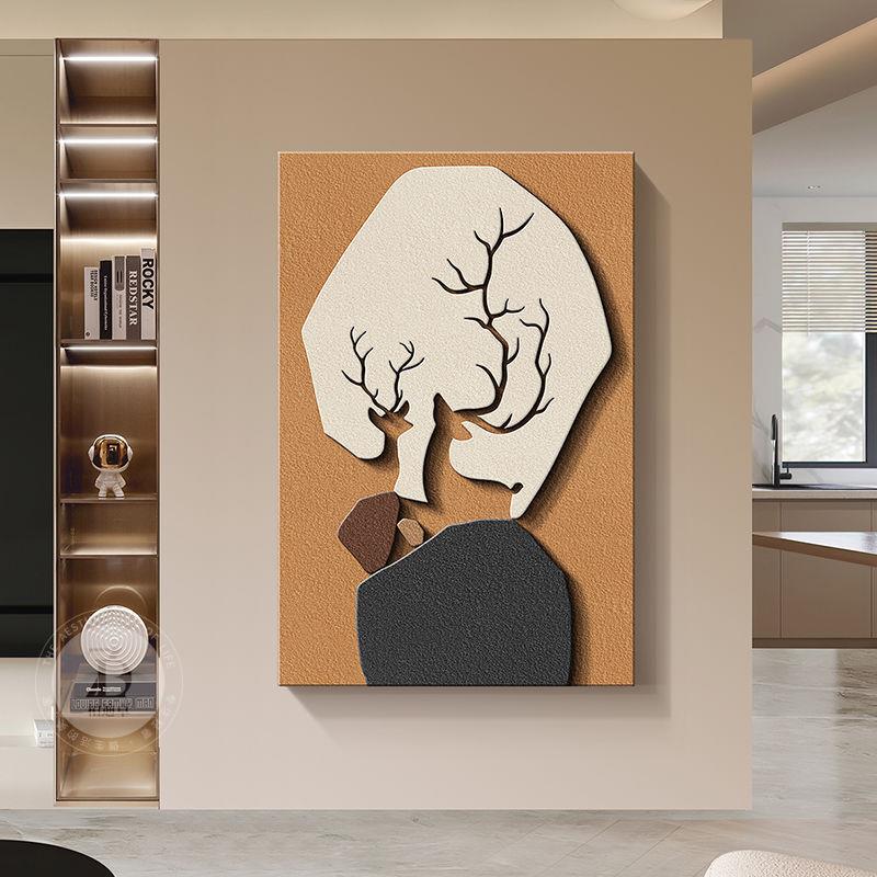 现代轻奢玄关装饰画福鹿立体砂岩壁画寓意好LED发光走廊过道挂画图片