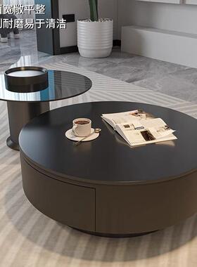 岩板圆形茶户客厅家奢99950用轻几现代简约大小型黑色茶桌玻璃意