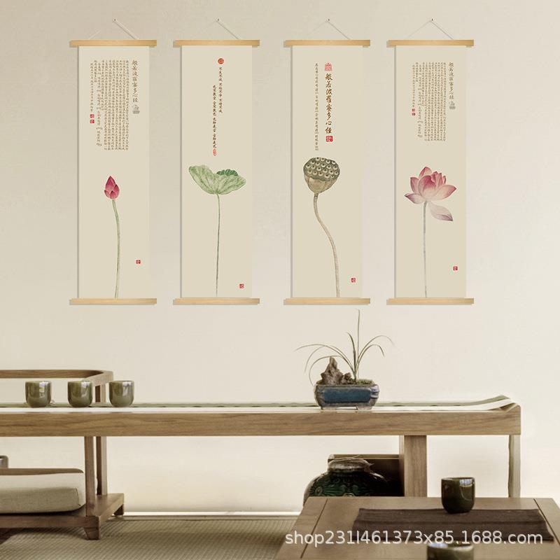 新中式荷花装饰画禅意植物客厅壁画莲花心经茶室书房油画布挂画