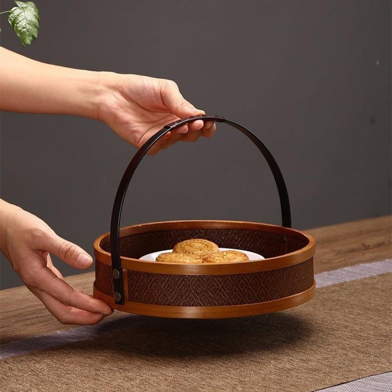 竹编小提篮大漆24650藤编具收纳盒圆古食仿盒篮子野餐篮点茶心形