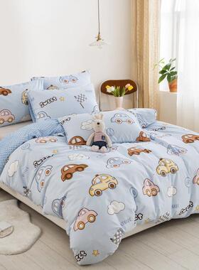 全被卡通宿舍儿25935童棉绒纹罩被褥三件棉套豆豆斜绒被套幼儿园
