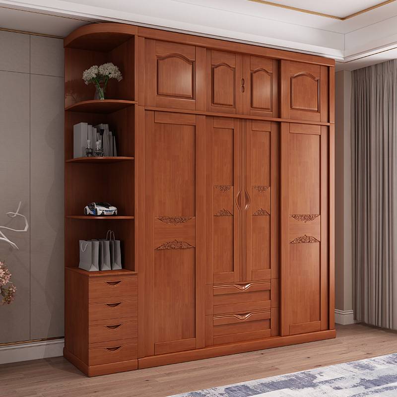 现代简约新中式实木衣柜四门推拉门衣柜加顶柜转角柜组合储物衣橱