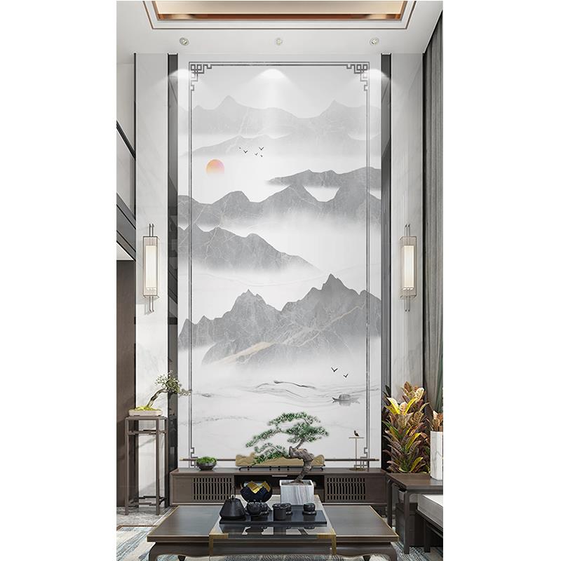 别墅复式楼岩板挑空客厅电视背景墙瓷砖楼中楼新中式山水仿大理石