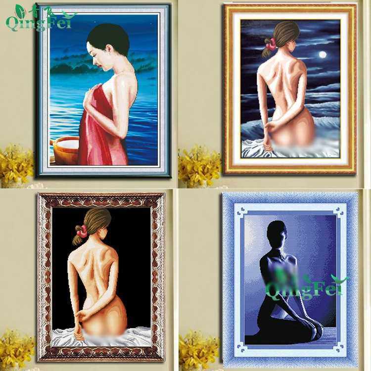 5d精准浴女背影月光背影夜景前影蓝色美女十字绣美女有钻石画