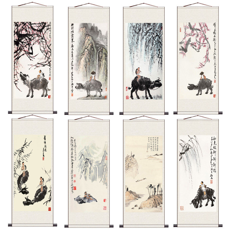 李可染国画牧童骑牛观瀑近现代水墨山水画客厅书房家居装饰卷轴画