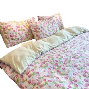 云纱棉四件套北欧风绿色爱心床上用品双人被套床单清新碎花套件