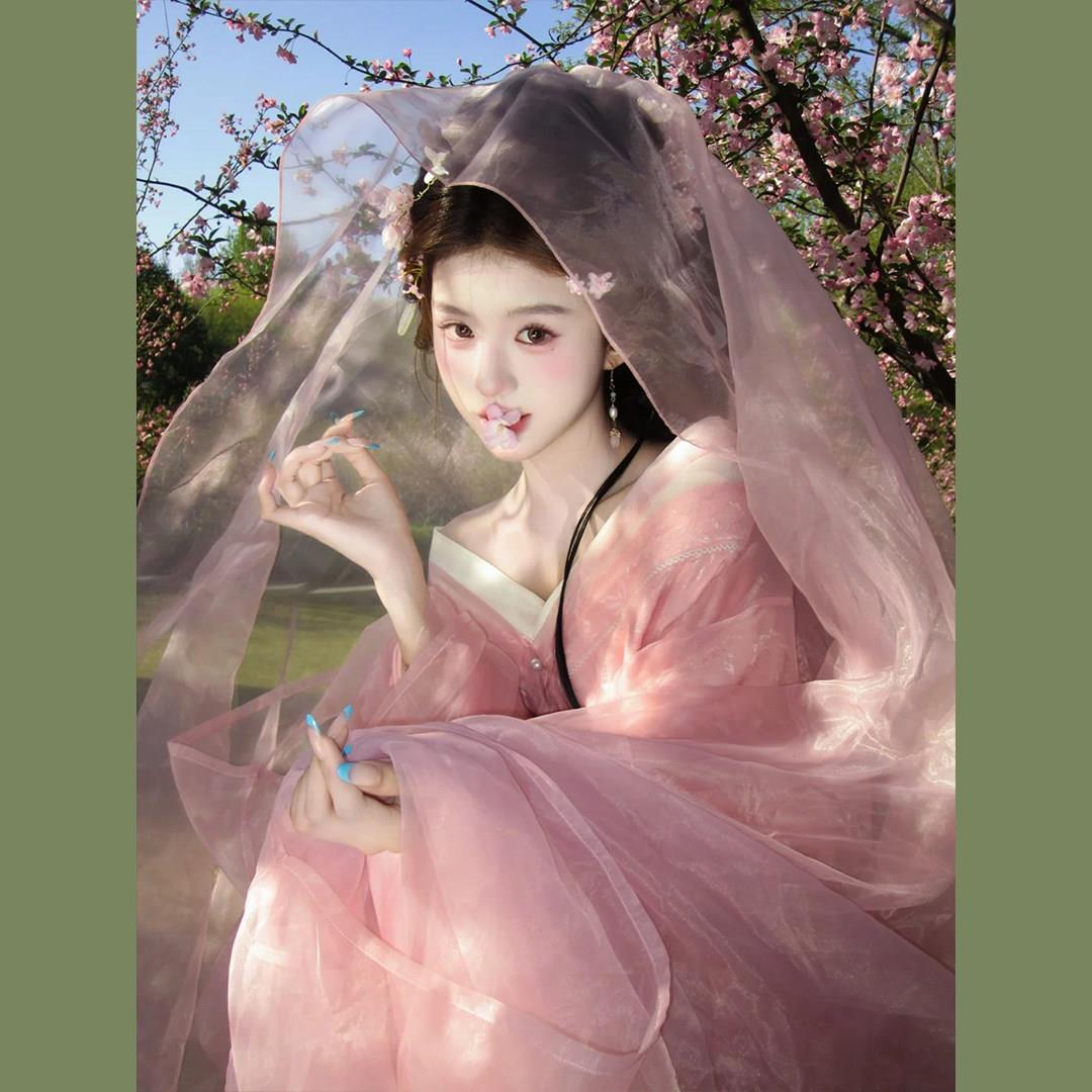 粉色战国袍汉服女款交领齐腰超仙气飘飘古风古装薄纱斗篷2026新款图片