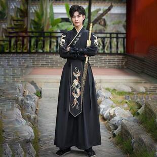 中国风古装大尺码交领长袖二件套汉服男生黑色武士书生剑客古风套