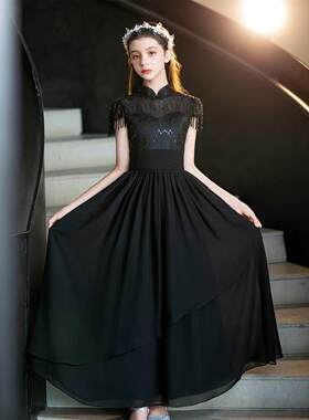 黑色修身剪裁雪纺少女优雅水晶垂饰古筝演奏长裙乐器等级考试主持