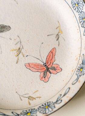 焦糖釉上手绘WSI蝴兰热壶承陶瓷家用花干蝶泡盘隔垫茶托茶道零配